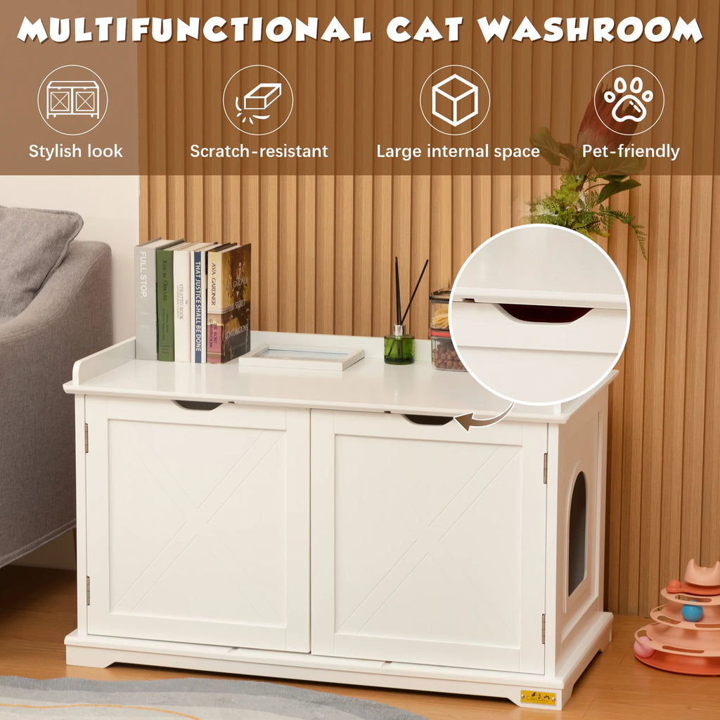 White Cat Litter Box Enclosure Storage Bench Furniture Z5469
