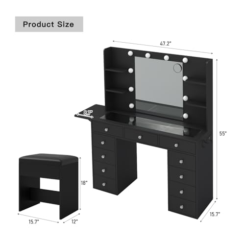 Black Vanity Desk with Lighted Mirror and Chair P75026