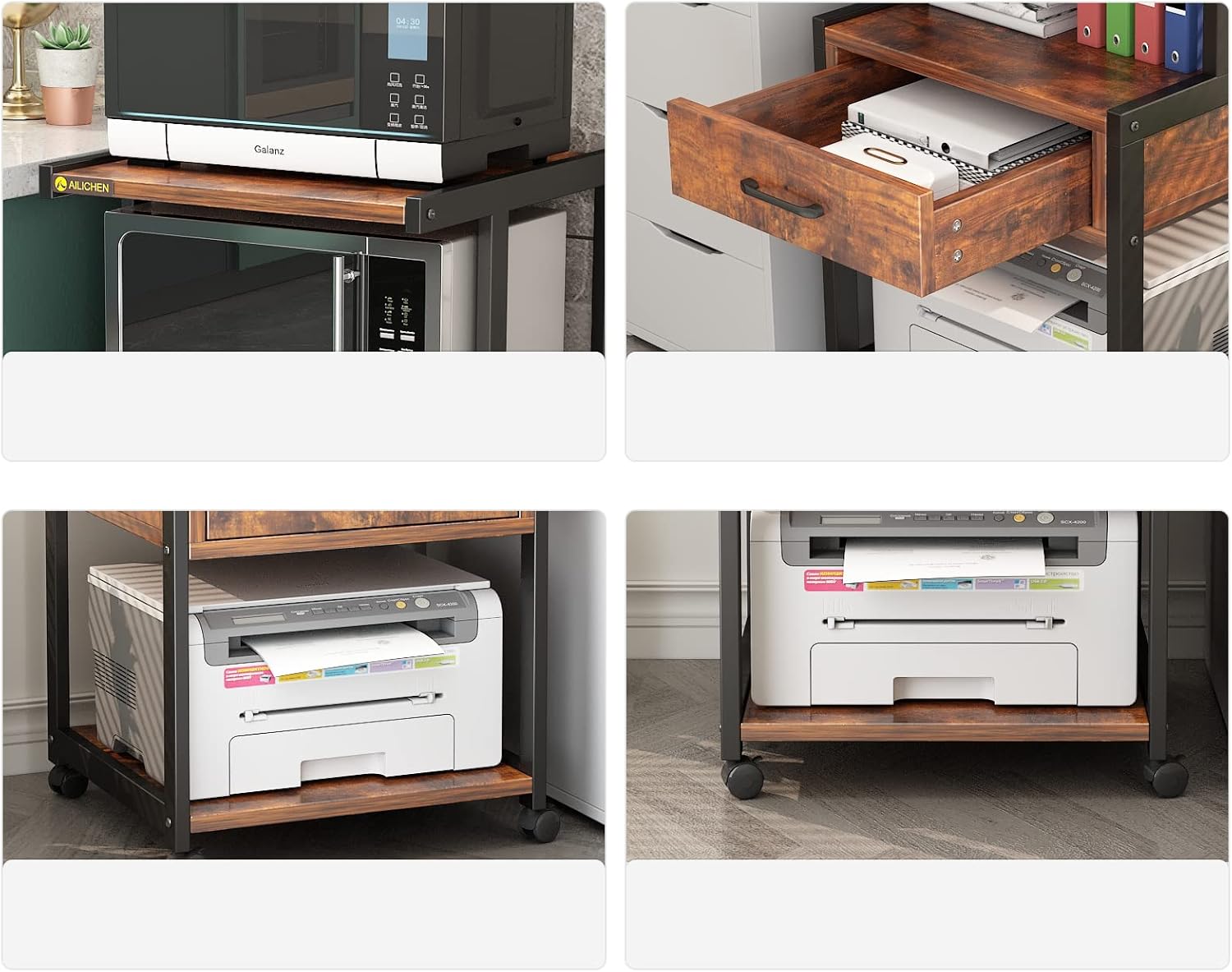 3-Tier Printer Stand with Drawers Record Player Stand End Table Storage Cabinet Printer Rack with Wheels Rolling Filing Cabinet Printer Cart U57831