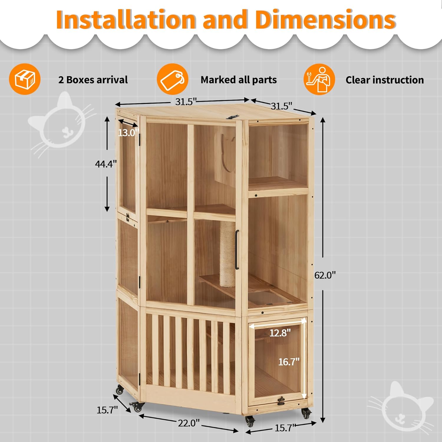 Large Wooden Corner Cat House with Scratching Post and Wheels T72024