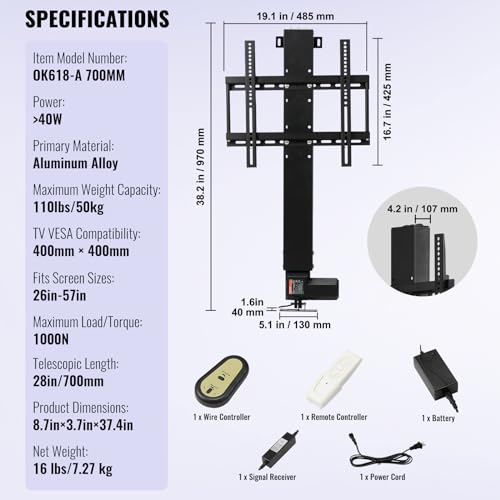Motorized TV Lift Stand, Adjustable Height 38" to 66", Remote Control O2231