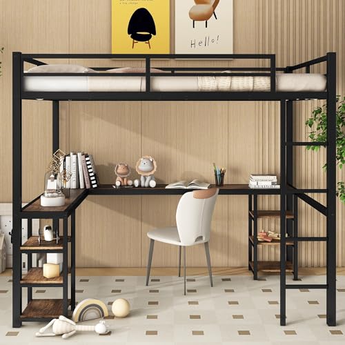 Full Size Metal Loft Bed with Desk and Storage Shelves P159729