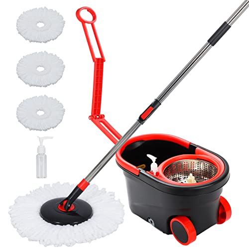 Stainless Steel 61" Spin Mop and Bucket with 3 Microfiber Mop Refills D960