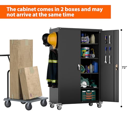 Black 72" H Locking Metal Storage Cabinet with Wheels and Pegboard U772547