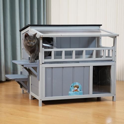 2-Tier Warm Wood Cat Shelter with Sunlight Roof M426555