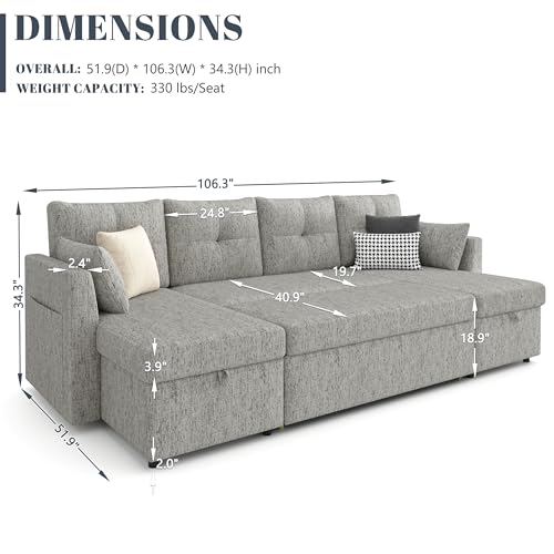 Oversized 110 inch 2 in 1 Pullout Sleeper Sofa Couch with Double Storage Chaise, Dark Grey O693024