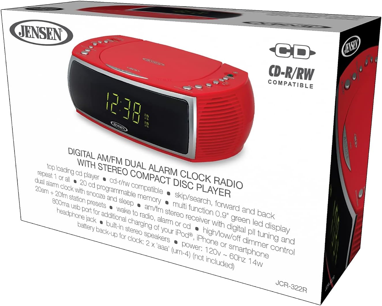 CD Player AM/FM Radio Dual Alarm Clock with USB Charging Port Headphone Jack Green LED B66019