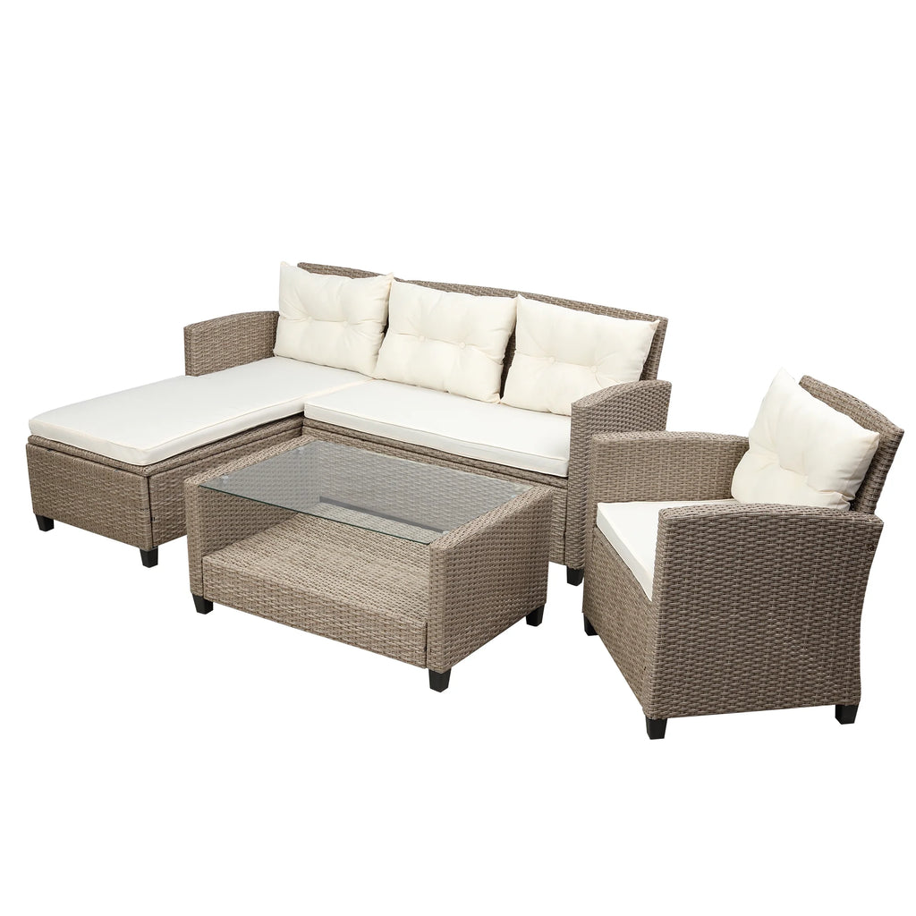 Beige Brown 4 Piece Wicker Rattan Sectional Sofa P186510