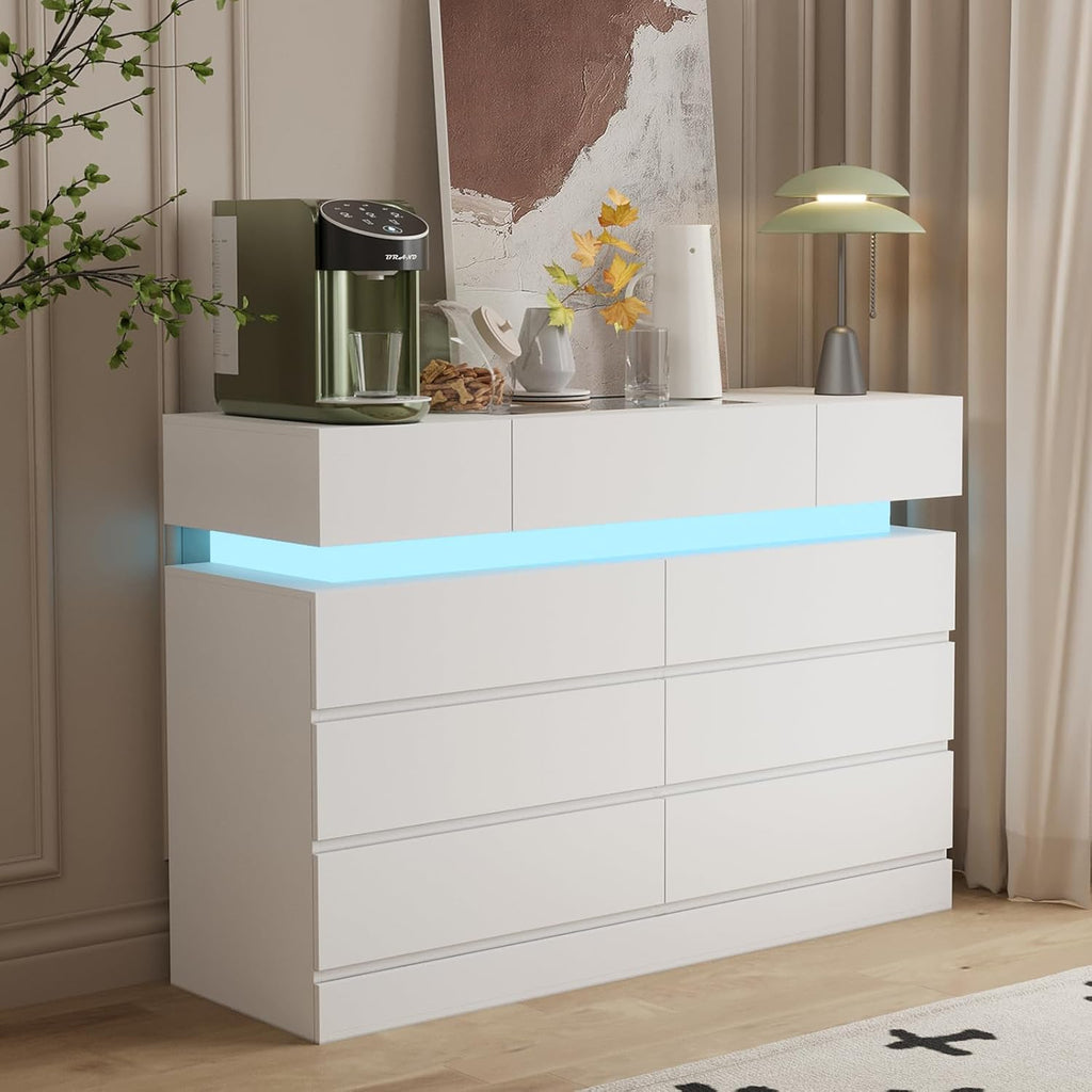 White 6 Drawer Dresser with LED Lights and Glass Top L7607
