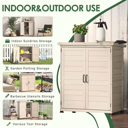 Beige Outdoor Storage Cabinet with Waterproof Metal Tabletop and Removable Shelves J677968