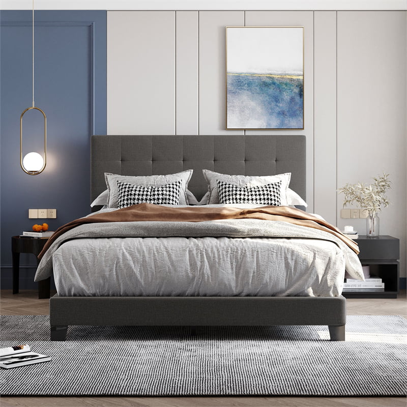 Gray Linen Fabric Queen Upholstered Platform Bed with Tufted Headboard C3963