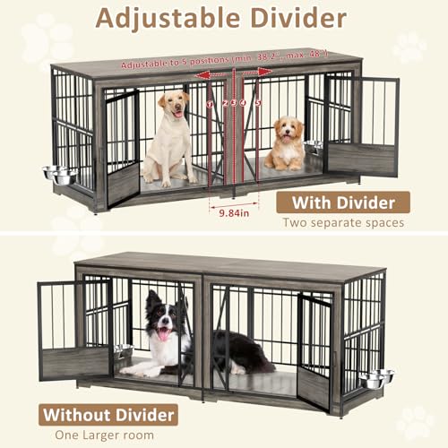 Brown Extra Large Double Dog Crate Furniture with Adjustable Divider G1688