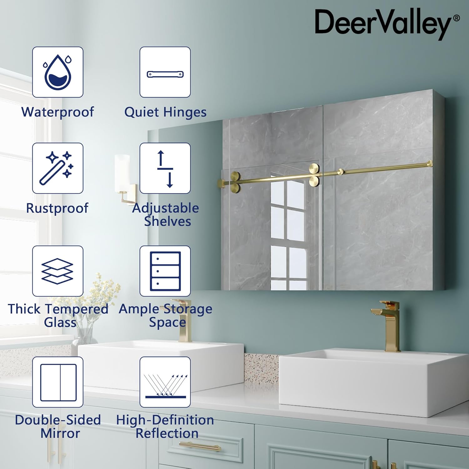 48 inch 3 Door Mirrored Medicine Cabinet with 2 Adjustable Shelves U406