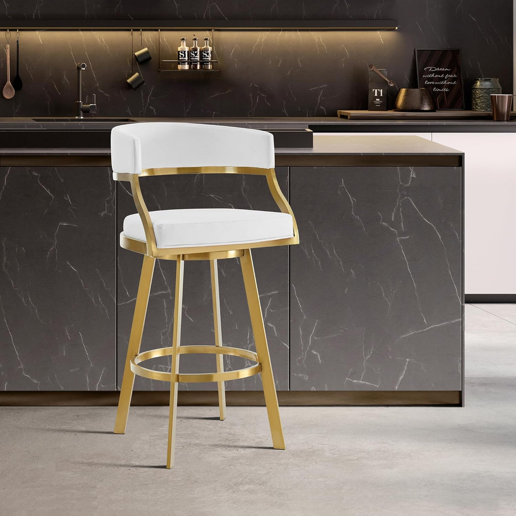 30" Swivel Bar Stool with Gold Brushed Stainless Steel and White Faux Leather B295