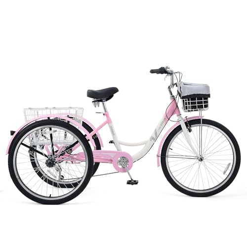 7 Speed Adult Tricycle with Front & Rear Removable Wheeled Baskets, 24 26 inch D1773
