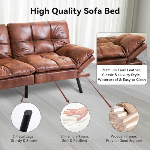 Faux Leather Memory Foam Convertible Sofa Bed, Brown B95149