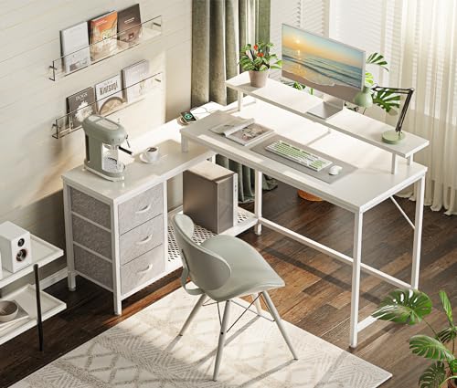 Reversible L Shaped Computer Desk with Drawers, LED Lights, Power Outlets, Black F94143