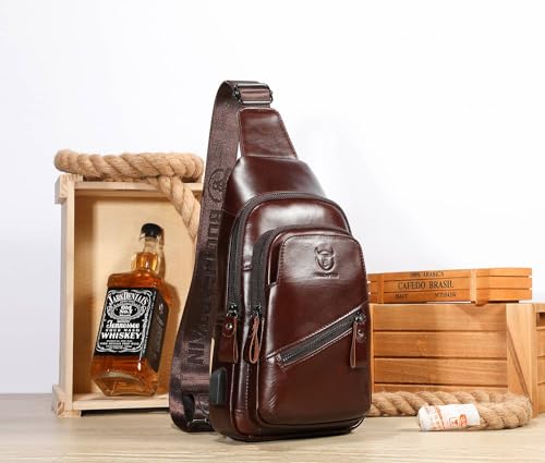 Leather Sling Bag with USB Charging Port Chest Bag Shoulder Bag Crossbody Daypack Backpack Q917