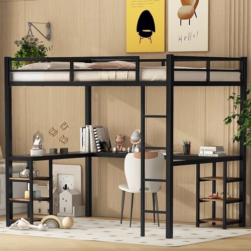 Full Size Metal Loft Bed with Desk and Storage Shelves P159729