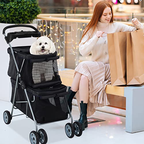 Pink 4 Wheel Folding Pet Stroller with Storage Basket H7844