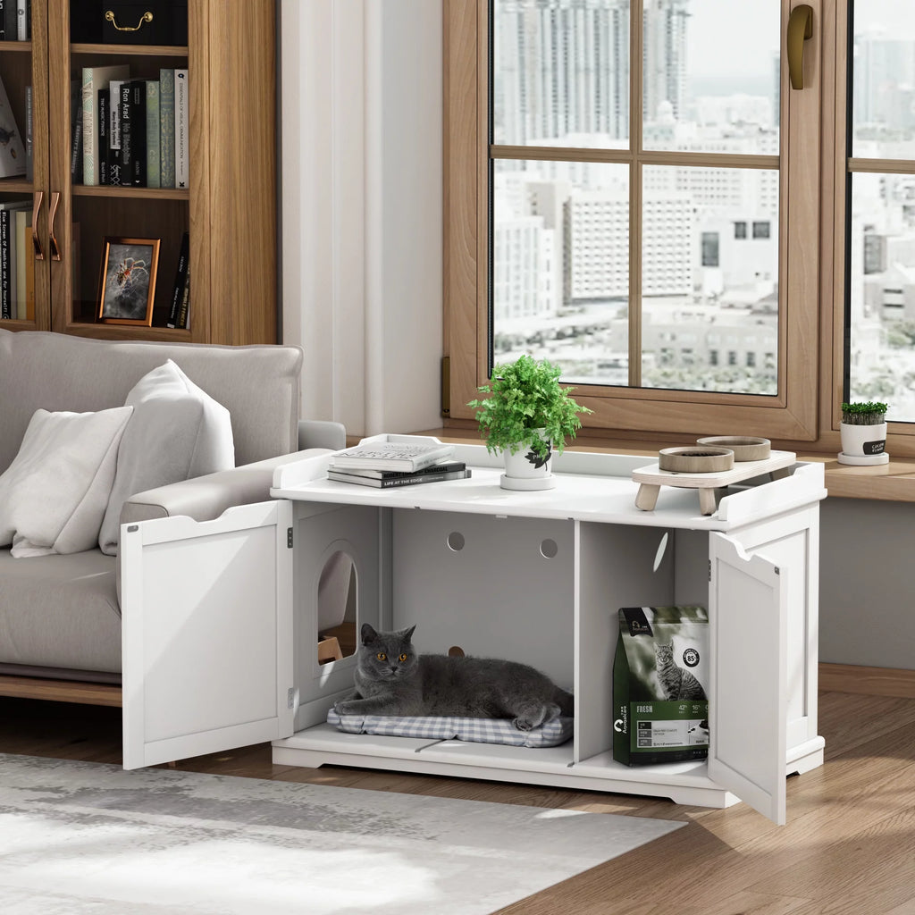 White Cat Litter Box Enclosure Storage Bench Furniture Z5469