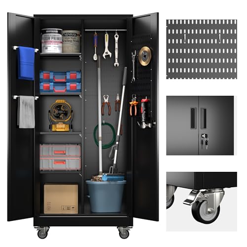 Black 72" H Locking Metal Storage Cabinet with Wheels and Pegboard U772547
