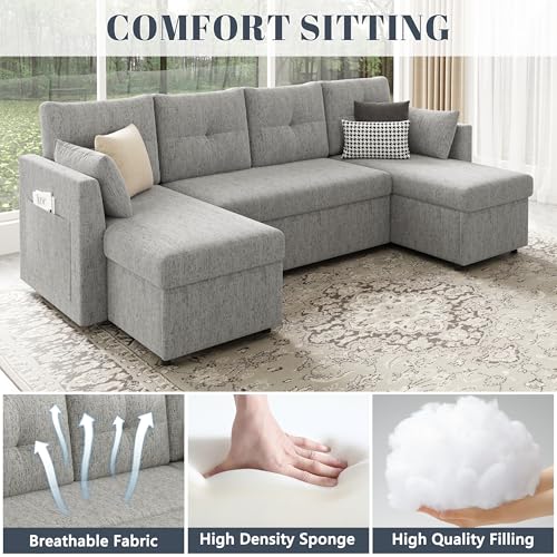 Oversized 110 inch 2 in 1 Pullout Sleeper Sofa Couch with Double Storage Chaise, Dark Grey O693024