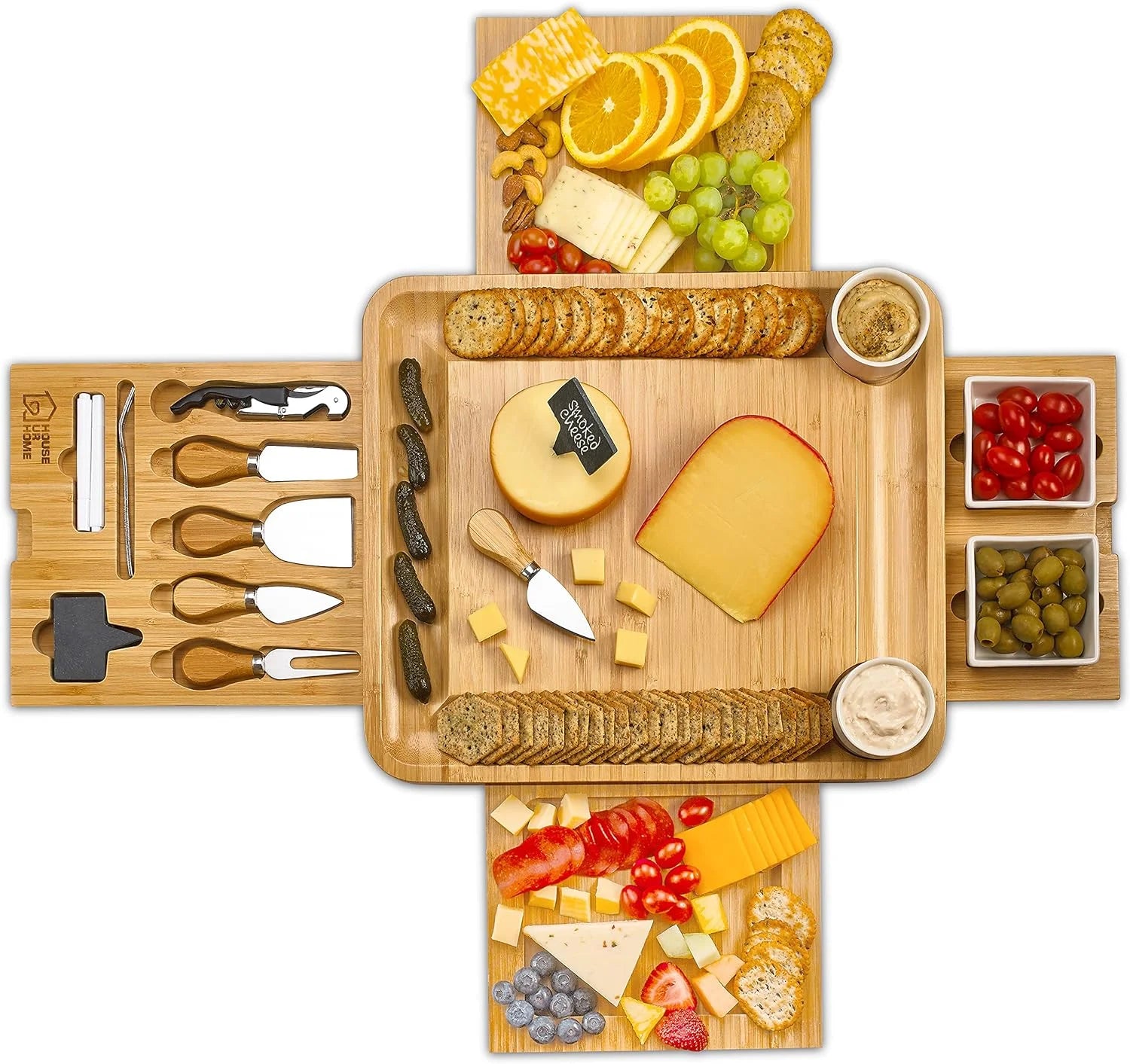 Large Charcuterie Board Set with 2 Ceramic Bowls & Plates, 4 Magnetic Drawers Bamboo Cheese Knife Set, Round Tray O193