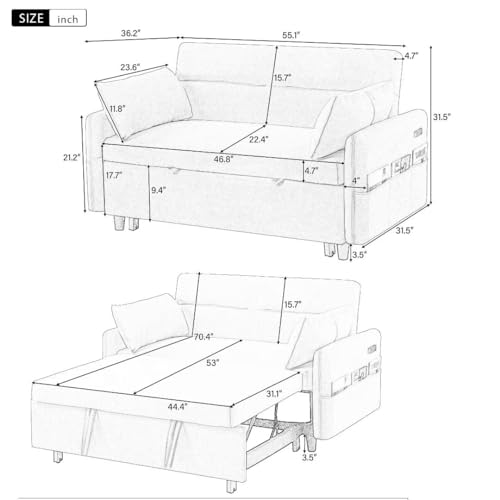 Pull Out Sleep Sofa Couch with Adjustable Backrest, USB Port, 2 Pillows Y891361