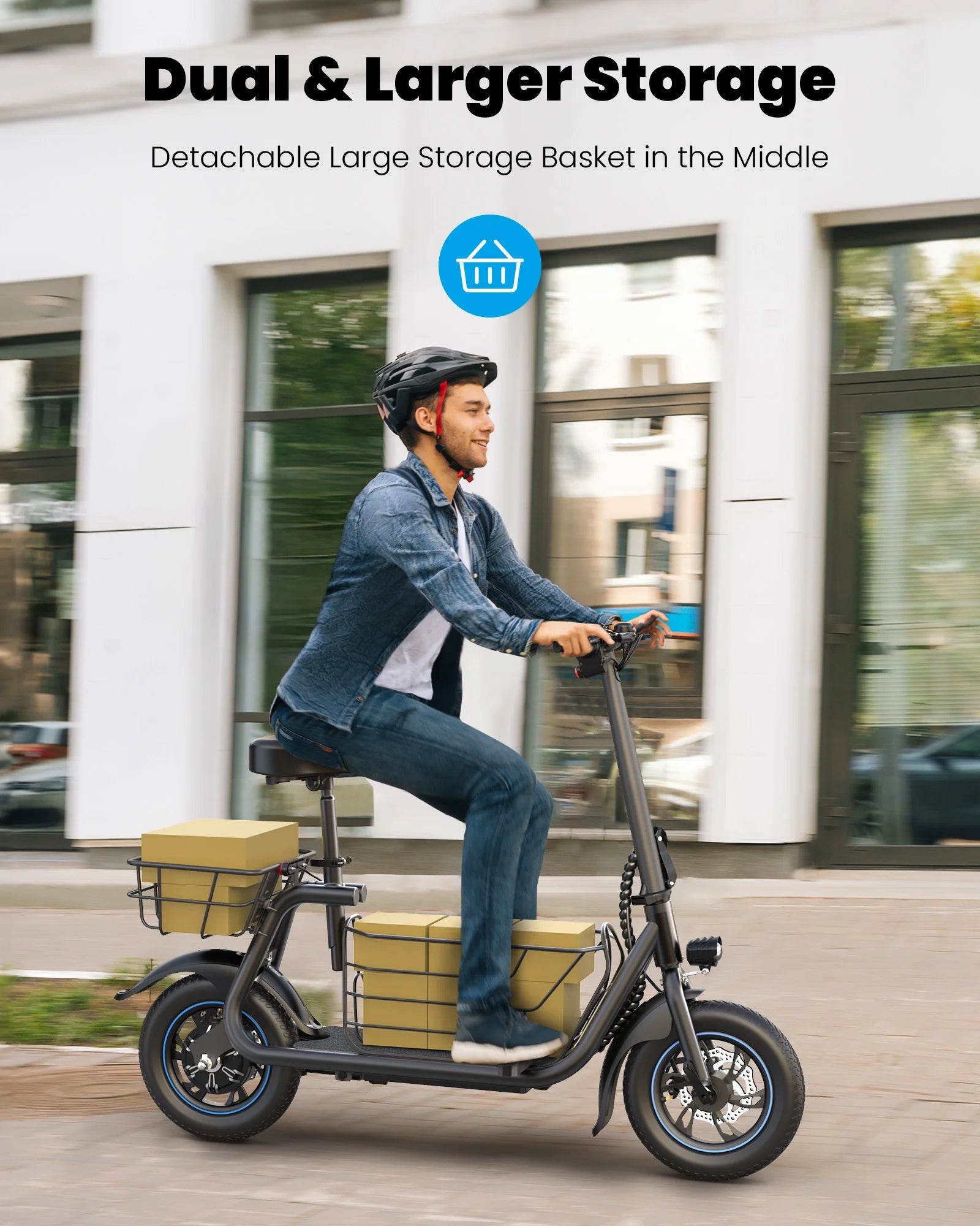 550W Electric Scooter with Seat, 12 inch, Front & Back Basket, up to 20 Miles 18.6MPH G47324