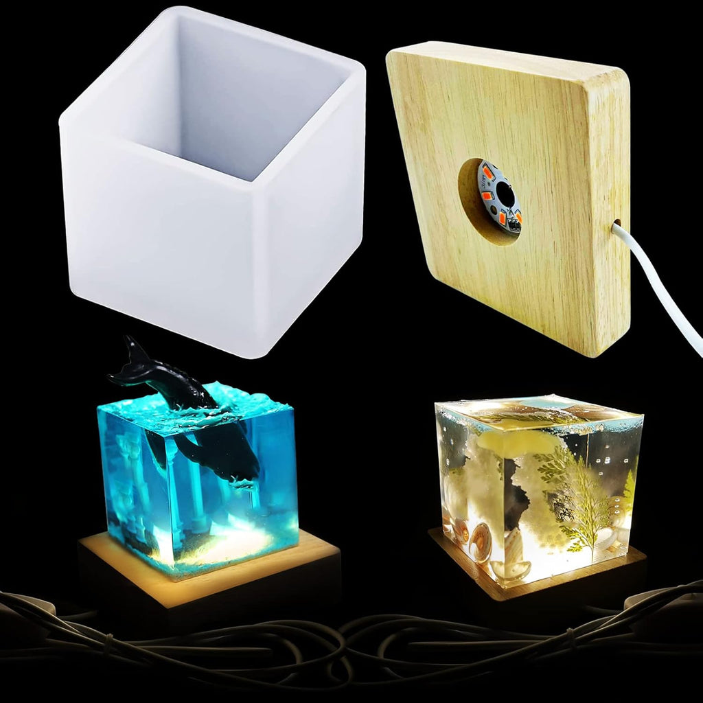 Large Cube LED Silicone Molds with USB Powered Wooden Lighted Base D378895