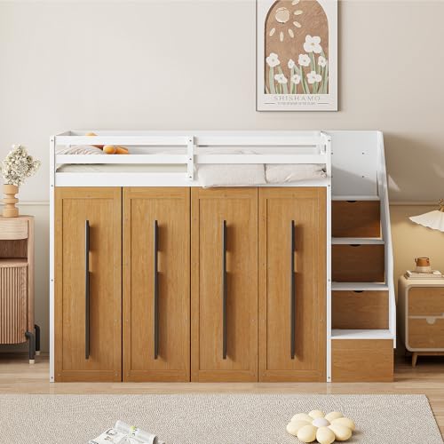 Twin Size Solid Wood Loft Bed with Storage B598
