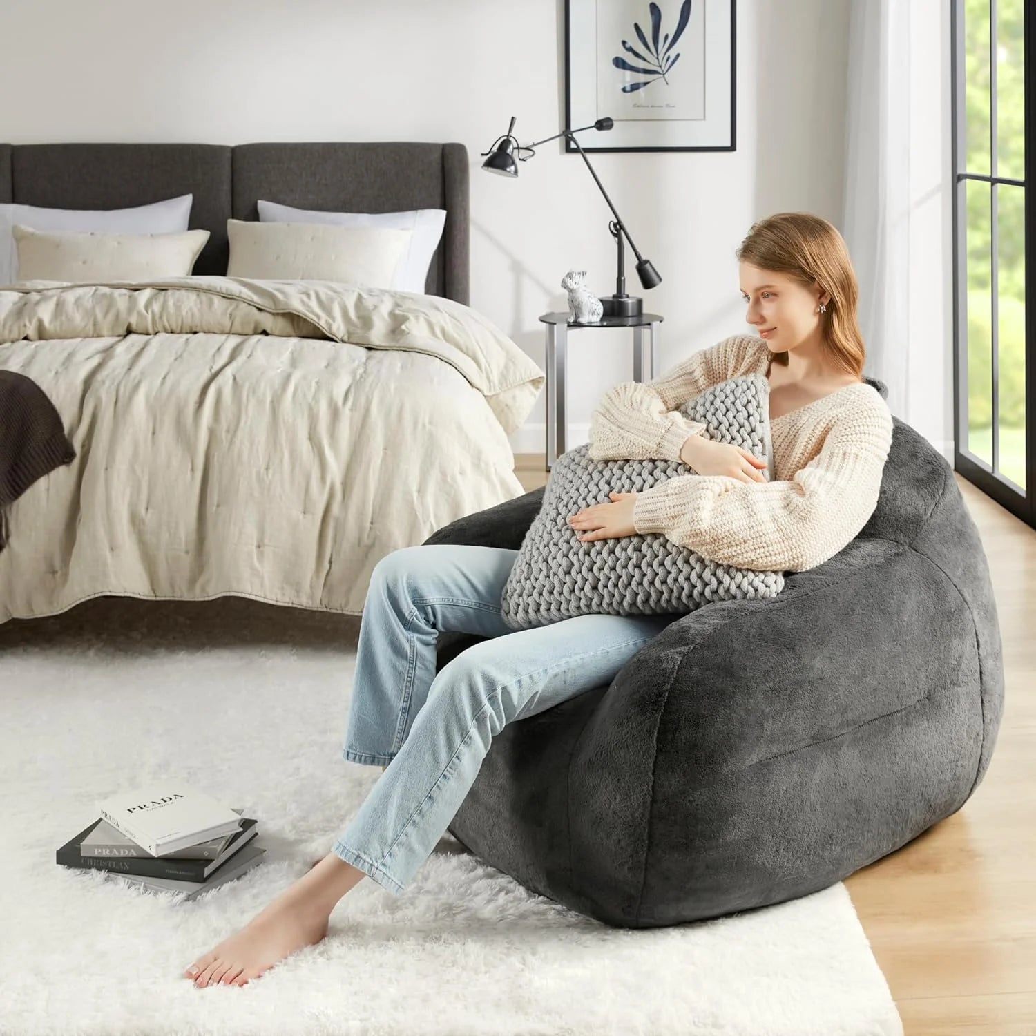 Grey Faux Fur Bean Bag Chair with Memory Foam Filler Q86125