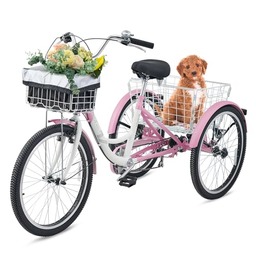 7 Speed Adult Tricycle with Front & Rear Removable Wheeled Baskets, 24 26 inch D1773