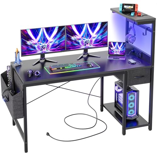 Carbon Fiber Black 47 inch Gaming Desk with Power Outlet and LED Light and Storage Drawer J8106