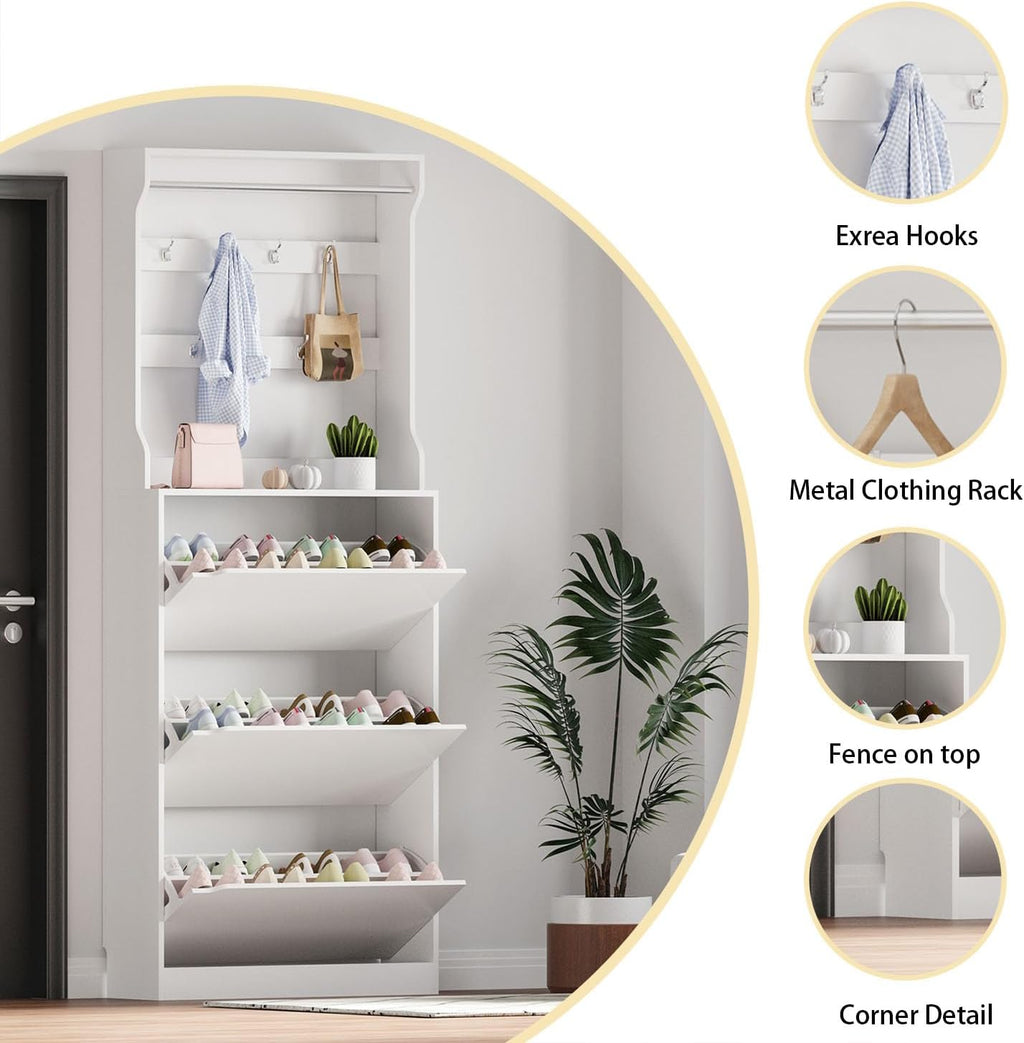 White 3 Flip Drawer Tall Wood Shoe Cabinet with Coat Rack Q80409