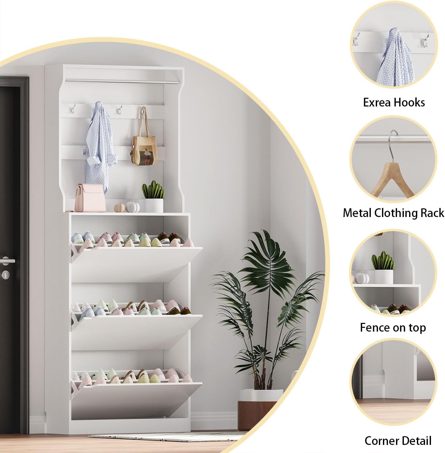 White 3 Flip Drawer Tall Wood Shoe Cabinet with Coat Rack Q80409