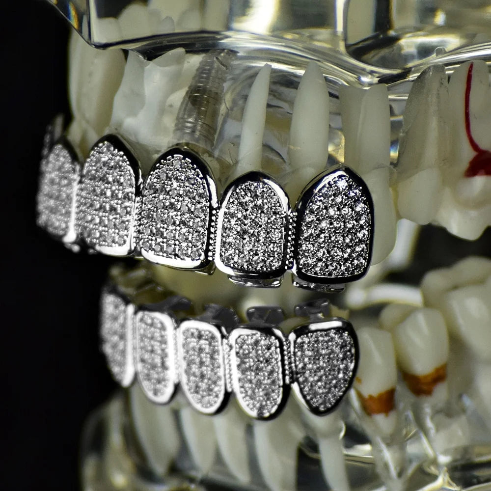 Silver Tone Micropave Gems Teeth Grills J7351