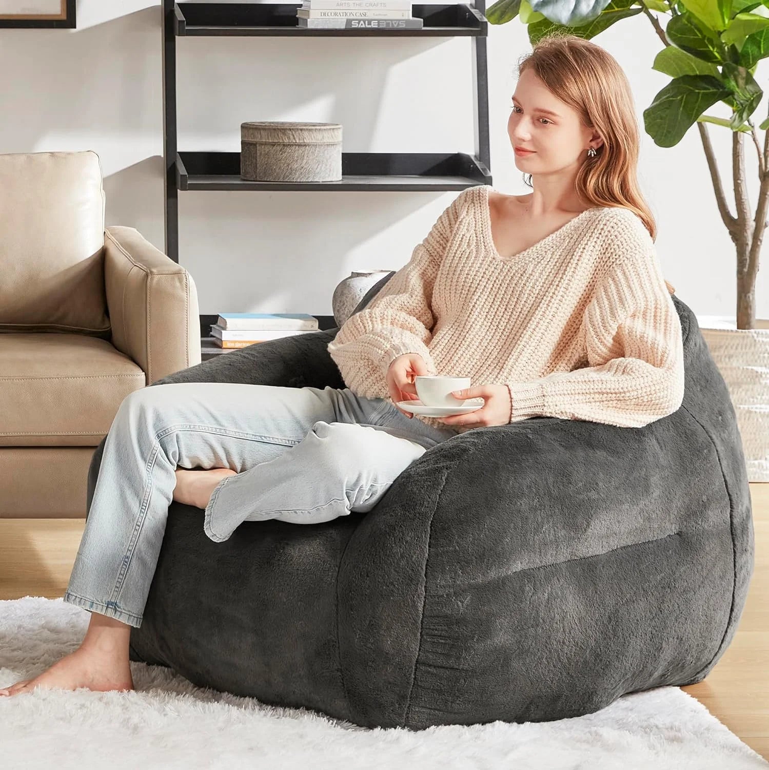 Grey Faux Fur Bean Bag Chair with Memory Foam Filler Q86125