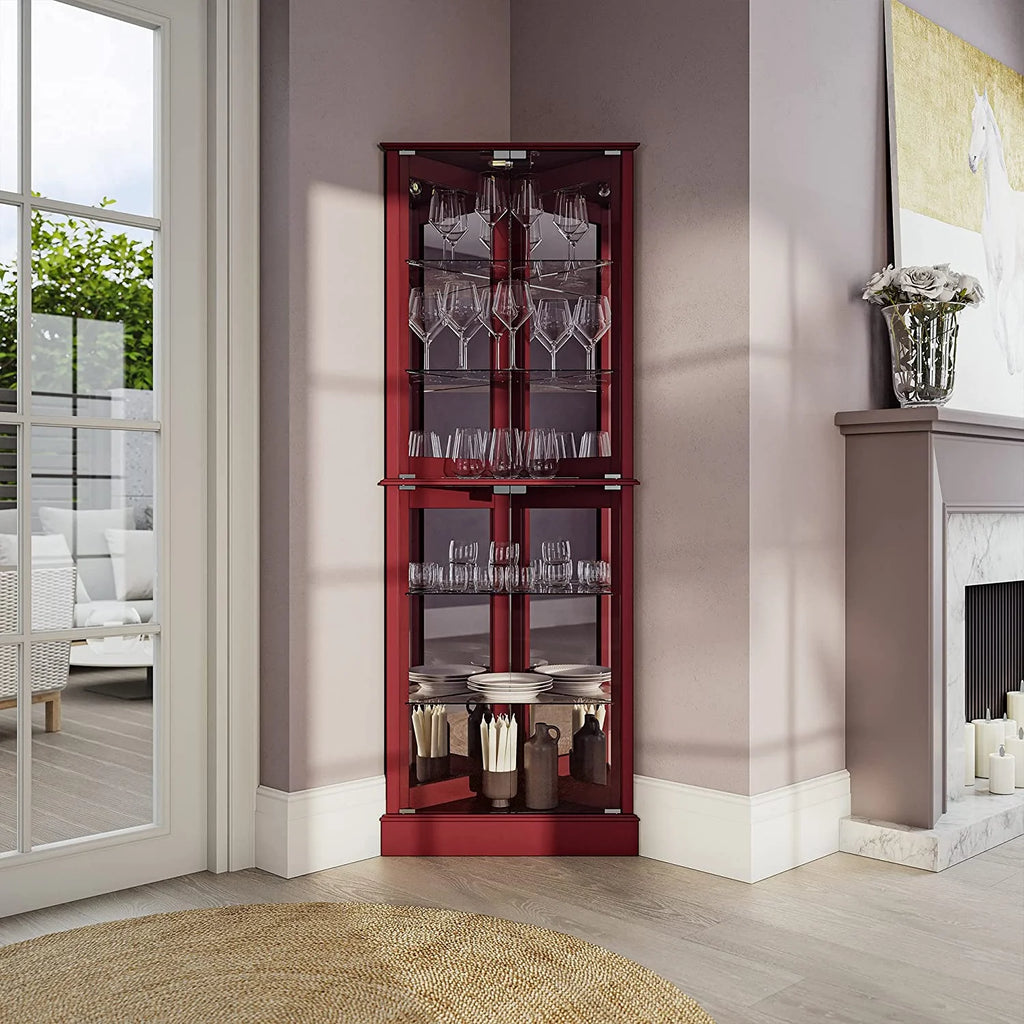 Lighted Corner Curio Cabinet with Tempered Glass Door, 6 Shelves H22986