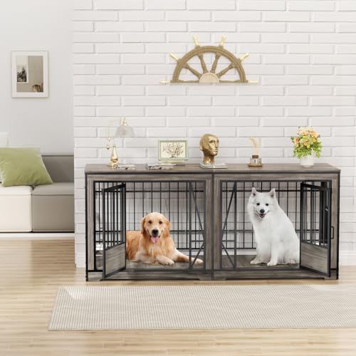 Brown Extra Large Double Dog Crate Furniture with Adjustable Divider G1688