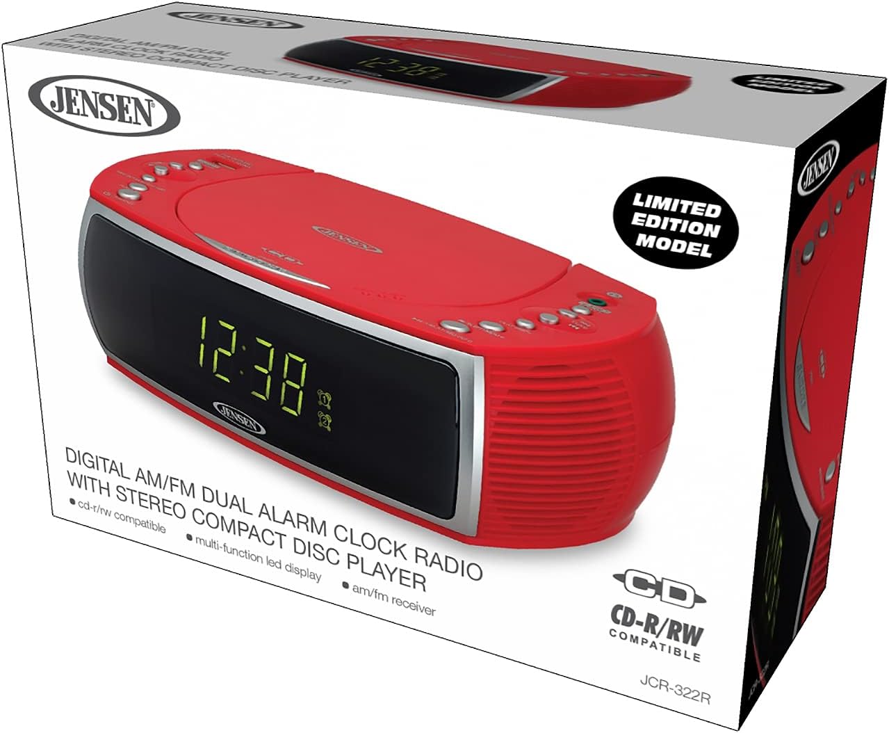 CD Player AM/FM Radio Dual Alarm Clock with USB Charging Port Headphone Jack Green LED B66019