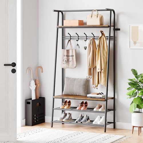 Coat Rack Shoe Bench with 5 Hooks, Wood Look Accent Furniture with Metal Frame R96784