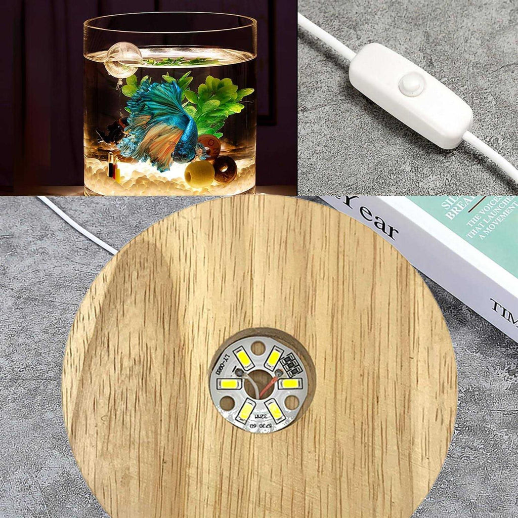 0.81-Gallon Cylindrical Fish Tank with Wooden Base LED Light Water Pump H569