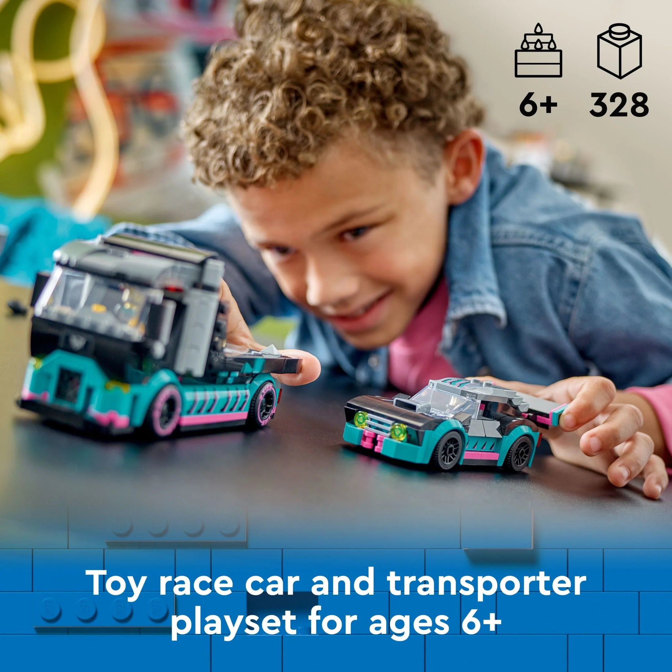 Race Car and Car Carrier Truck Toy Playset with Adjustable Loading Ramp and Race Car Toy M79333