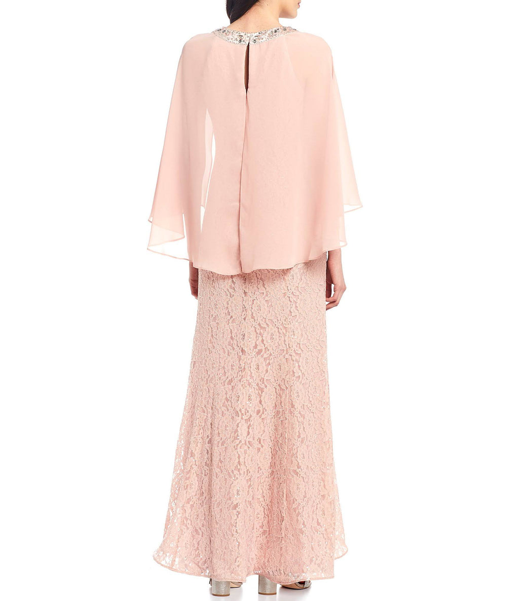 Sequin Lace Chiffon Capelet Gown U643