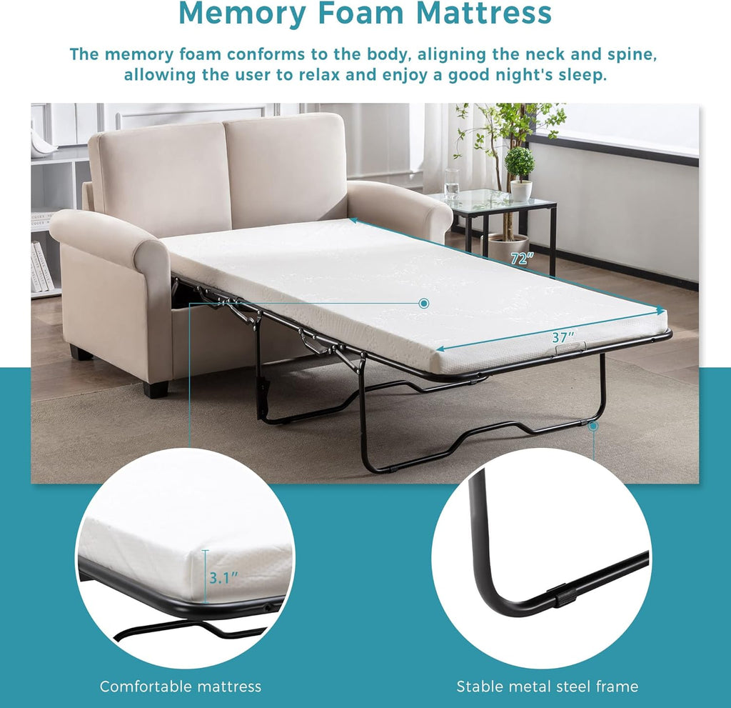 Beige White Pull Out Sofa Bed with Twin Size Mattress Pad W915