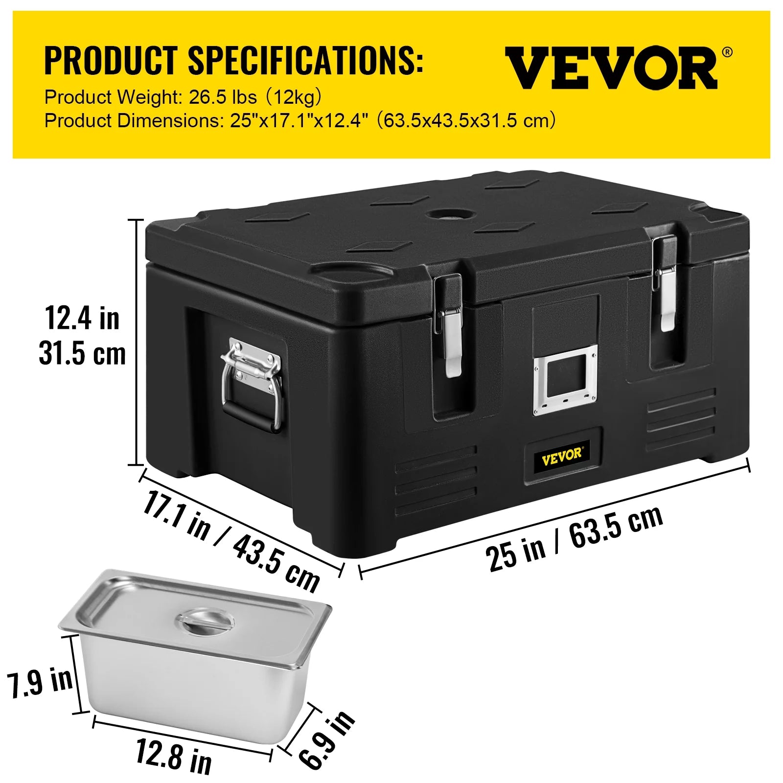 Black 36Qt Insulated Food Pan Carrier with 3 Stainless Steel Pans A420555