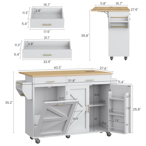 Kitchen Island Cart with Trash Can Storage on Wheels N2113