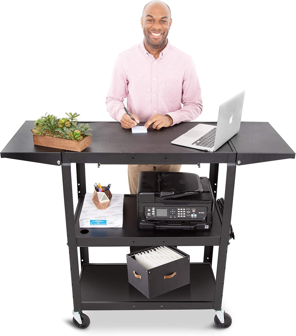 Large AV Cart with Drop Leaves, Height Adjustable, 54in x 18in x 42in Black S26410